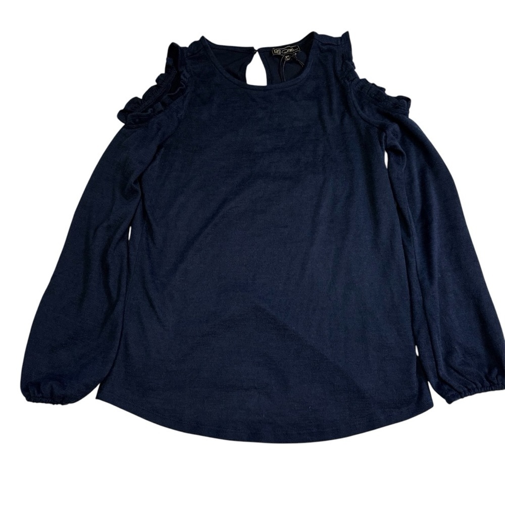 DG2 by Diane Gilman Cold-Shoulder Ruffle Top Shirt Sweater Navy Blue Size XS NWT - Picture 9 of 10